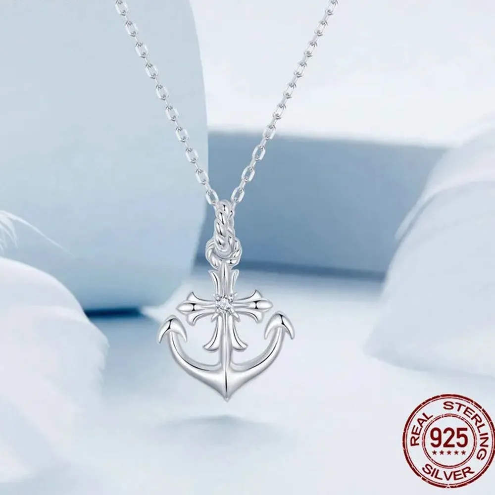 925 Sterling Silver Anchor Necklace, White Gold Plated Classic Necklace with Cubic Zirconia Jewelry Gift for Women
