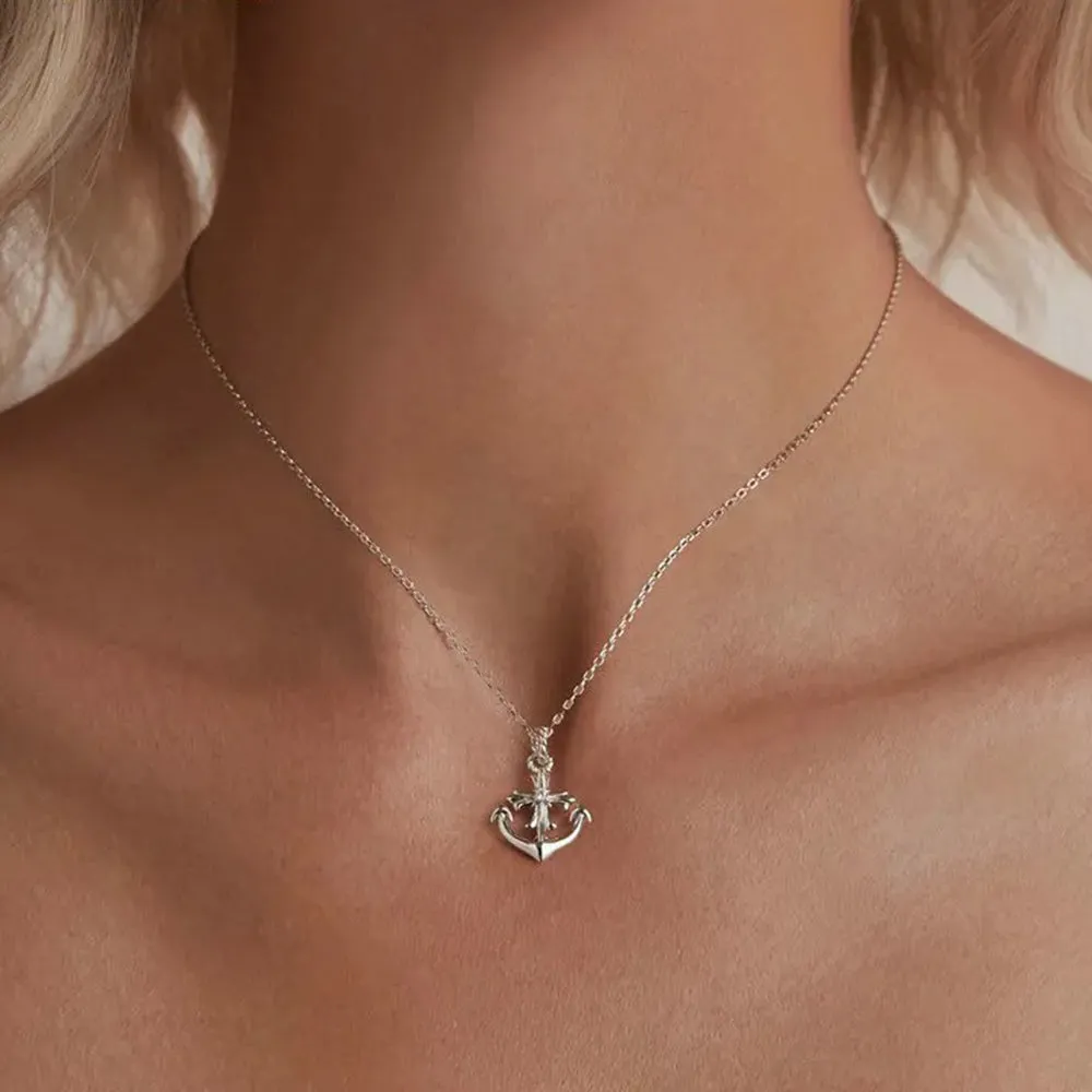925 Sterling Silver Anchor Necklace, White Gold Plated Classic Necklace with Cubic Zirconia Jewelry Gift for Women