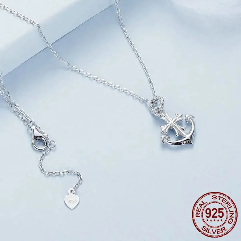 925 Sterling Silver Anchor Necklace, White Gold Plated Classic Necklace with Cubic Zirconia Jewelry Gift for Women