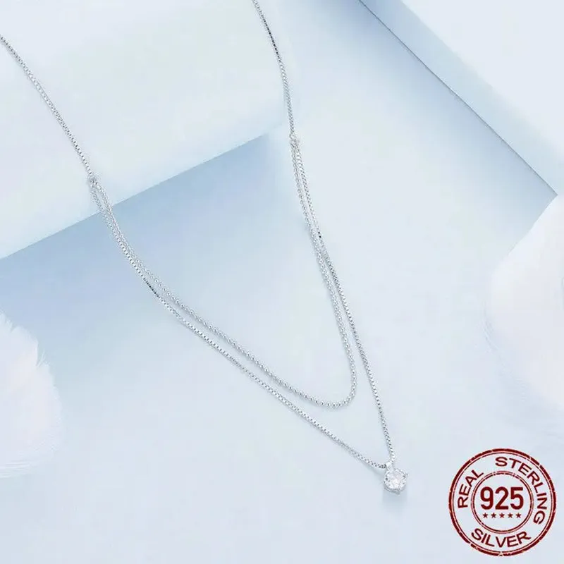 925 Sterling Silver Shining Zircon Pendant Necklace Double Layer Neck Chain for Women Engagement Wedding Fine Jewelry