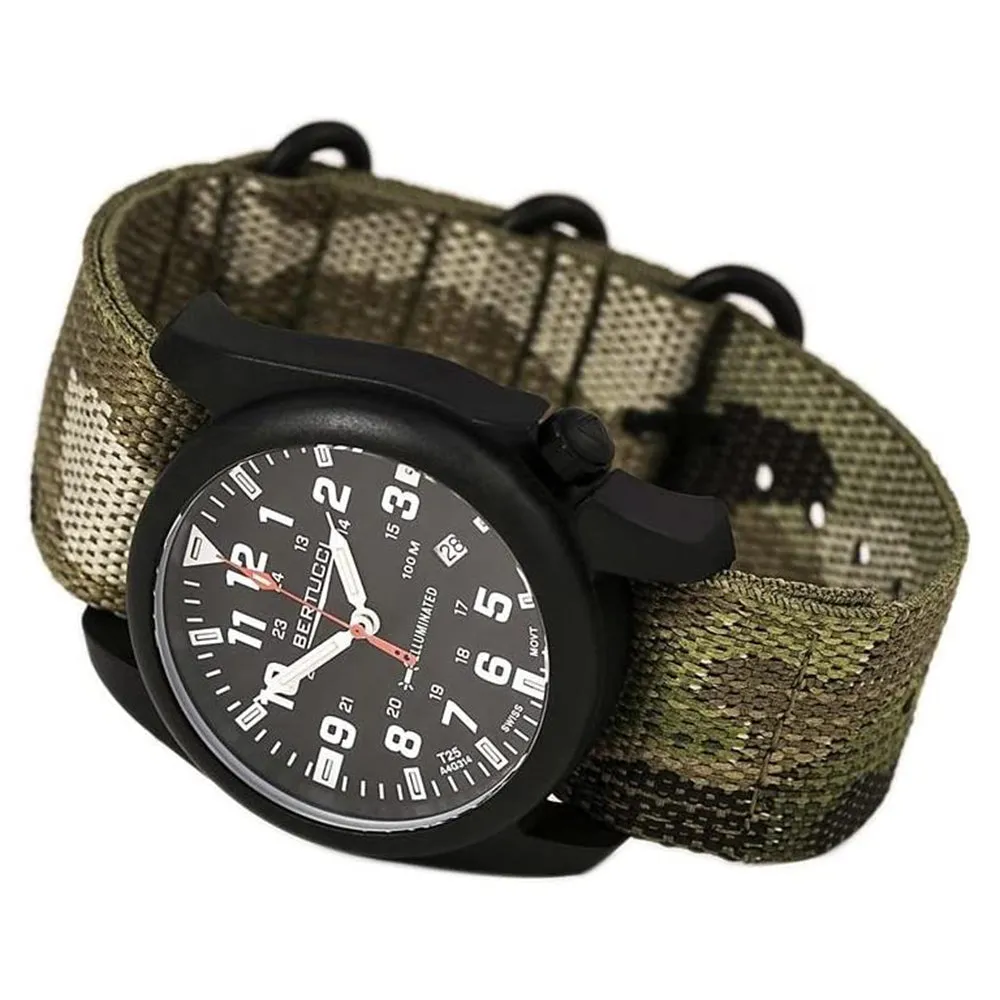 Bertucci Men's A-5P Illuminated Green Camo Nylon Band Field Black Dial Black Watch - 13503