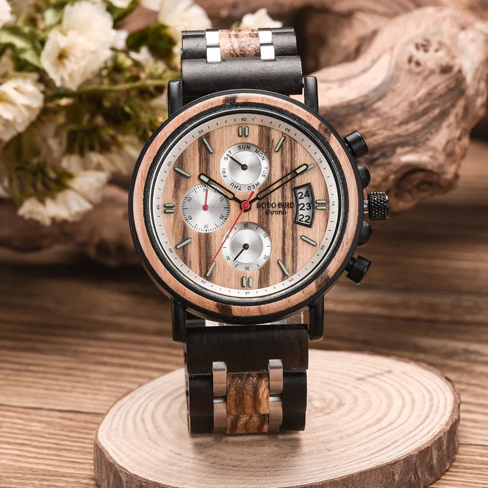 BOBO BIRD Wooden Watch Men Top Brand Luxury Stylish Chronograph Military Watches Wooden Box Logo Custom Great Gift reloj hombre