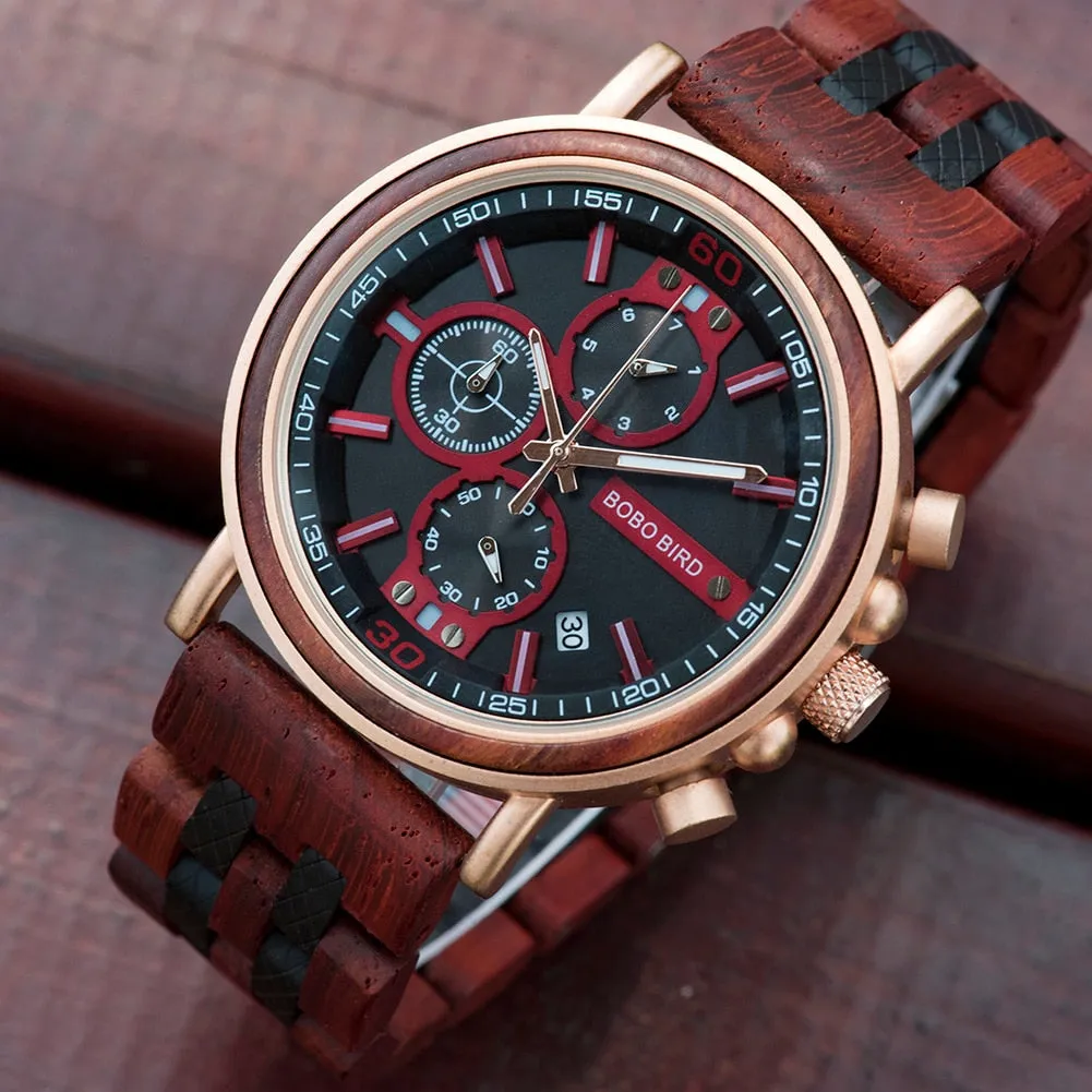 BOBO BIRD Wooden Watch Men Top Brand Luxury Stylish Chronograph Military Watches Wooden Box Logo Custom Great Gift reloj hombre