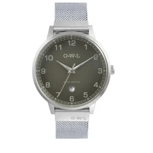 BRANCASTER WATCH WITH POLISHED SILVER CASE, STONE GREY DIAL & SILVER MESH ADJUSTABLE STRAP
