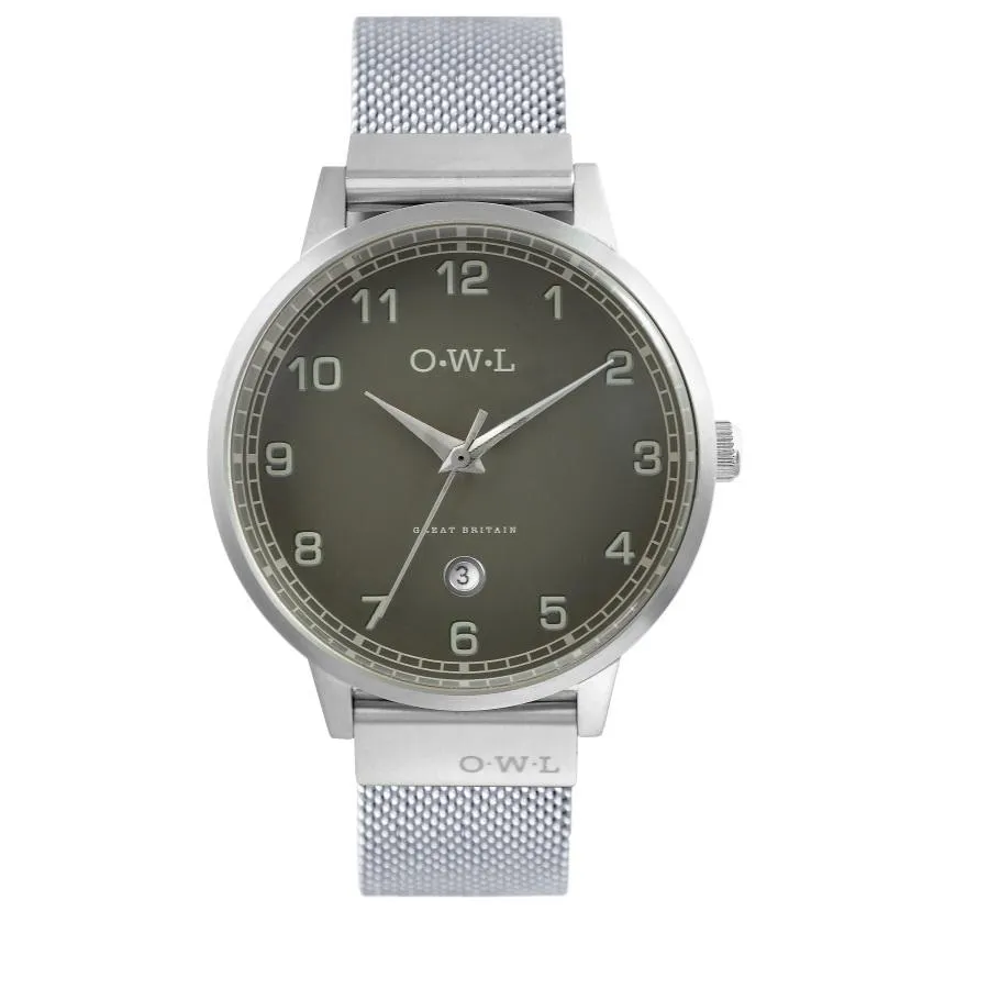 BRANCASTER WATCH WITH POLISHED SILVER CASE, STONE GREY DIAL & SILVER MESH ADJUSTABLE STRAP