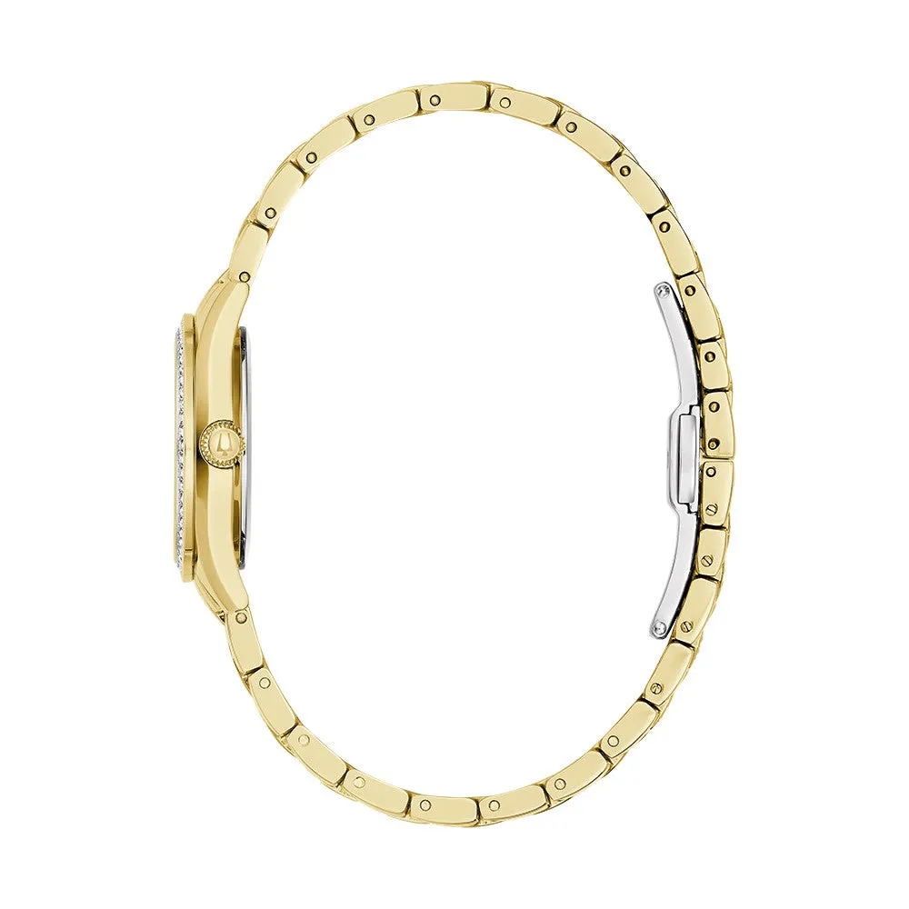 Bulova Crystal Collection Watch with 28MM Goldtone Stainless Steel Bracelet. 98L306