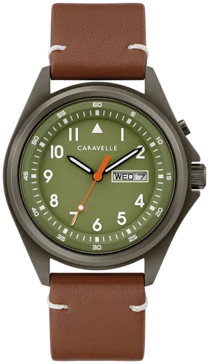 Caravelle by Bulova Classic Gunmetal & Brown Leather, Olive Dial Watch