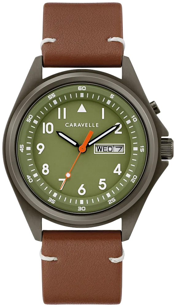 Caravelle by Bulova Classic Gunmetal & Brown Leather, Olive Dial Watch