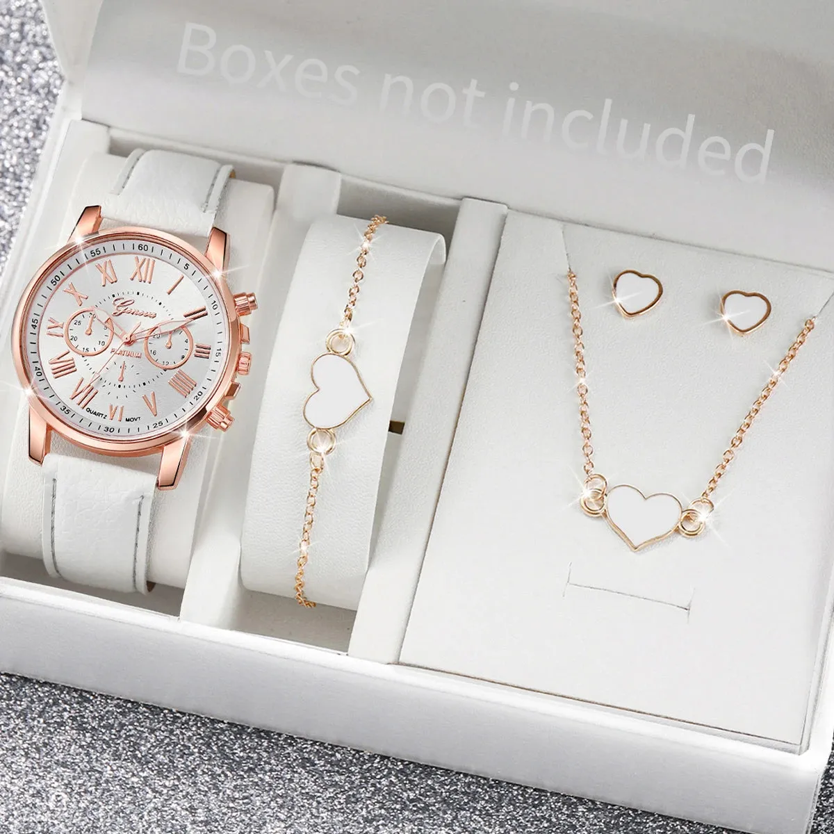 Jewelry Set Women's Quartz Watch Leather Band, Roman Numeral