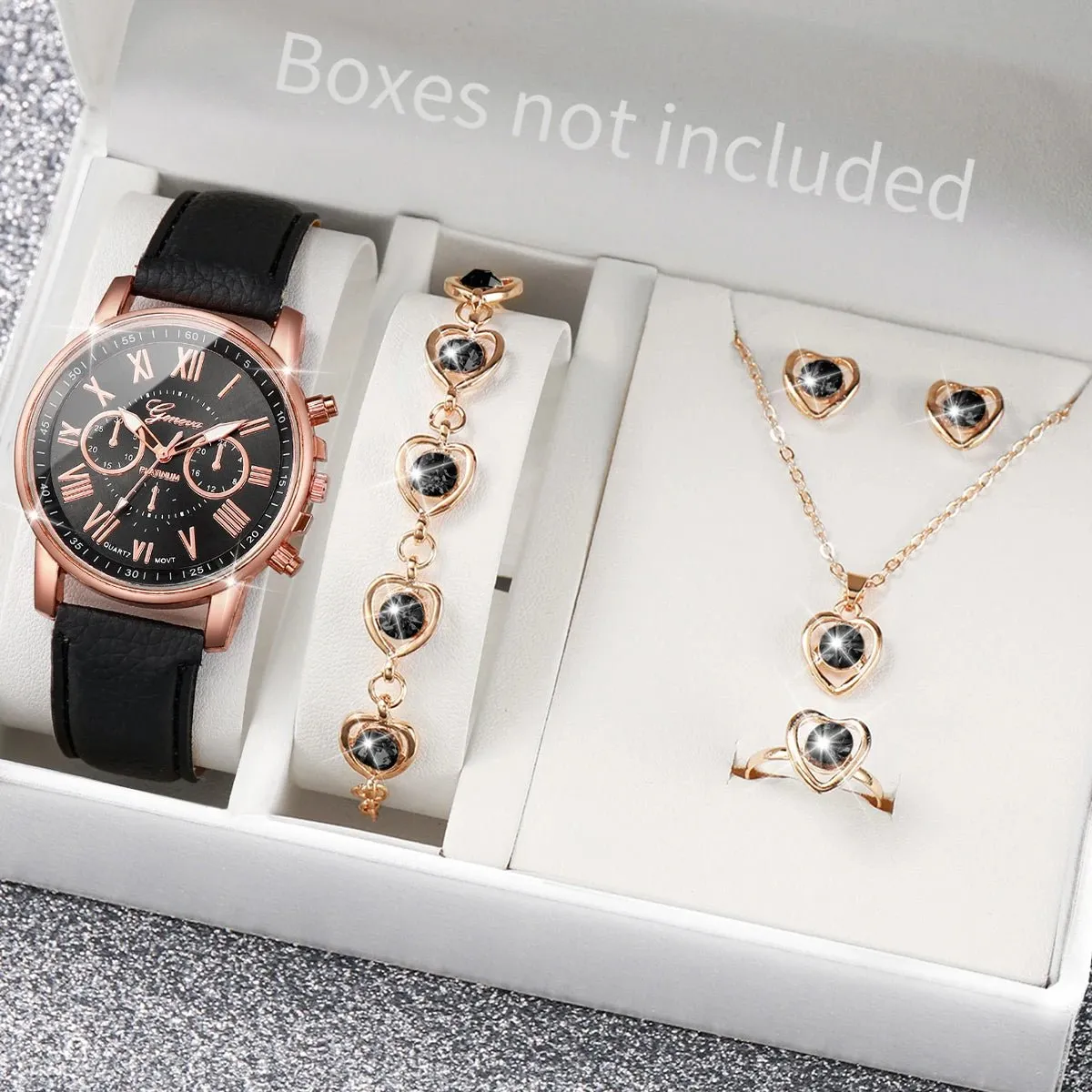 Jewelry Set Women's Quartz Watch Leather Band, Roman Numeral
