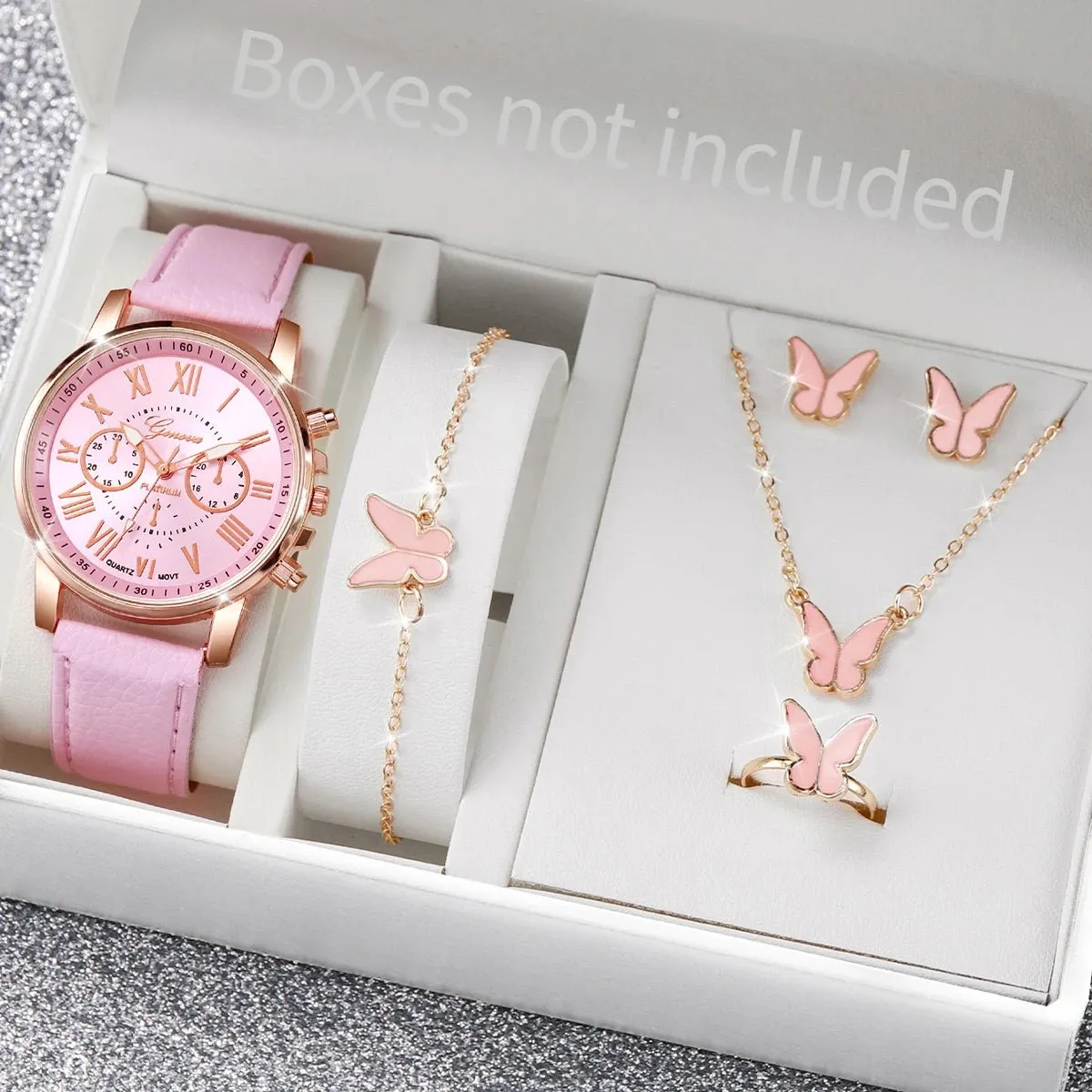 Jewelry Set Women's Quartz Watch Leather Band, Roman Numeral