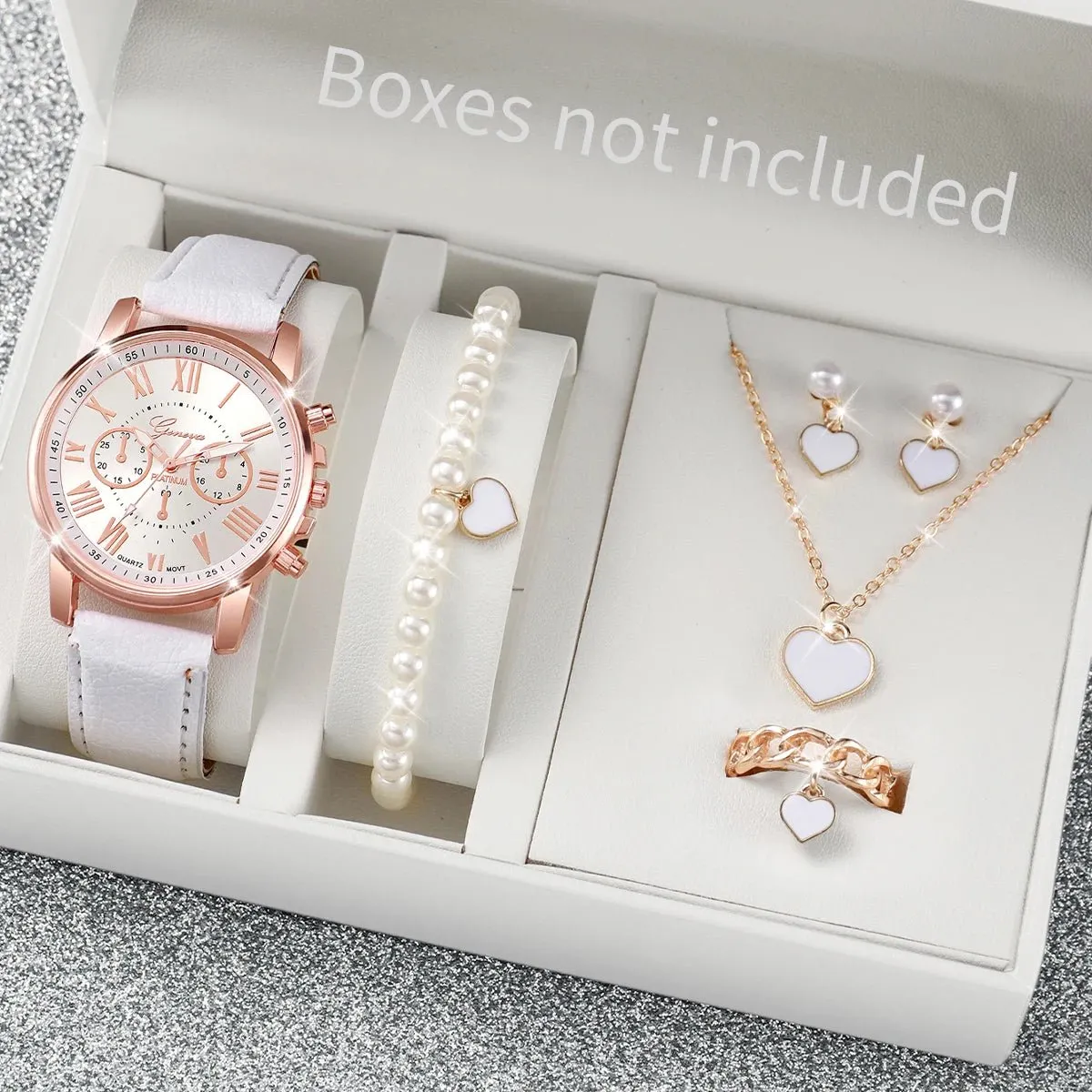 Jewelry Set Women's Quartz Watch Leather Band, Roman Numeral