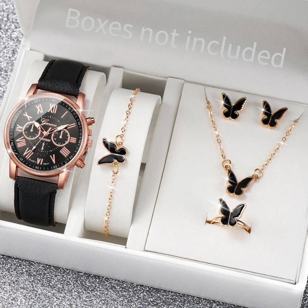 Jewelry Set Women's Quartz Watch Leather Band, Roman Numeral