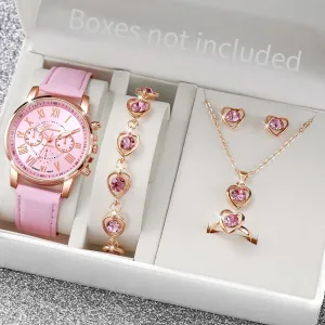 Jewelry Set Women's Quartz Watch Leather Band, Roman Numeral