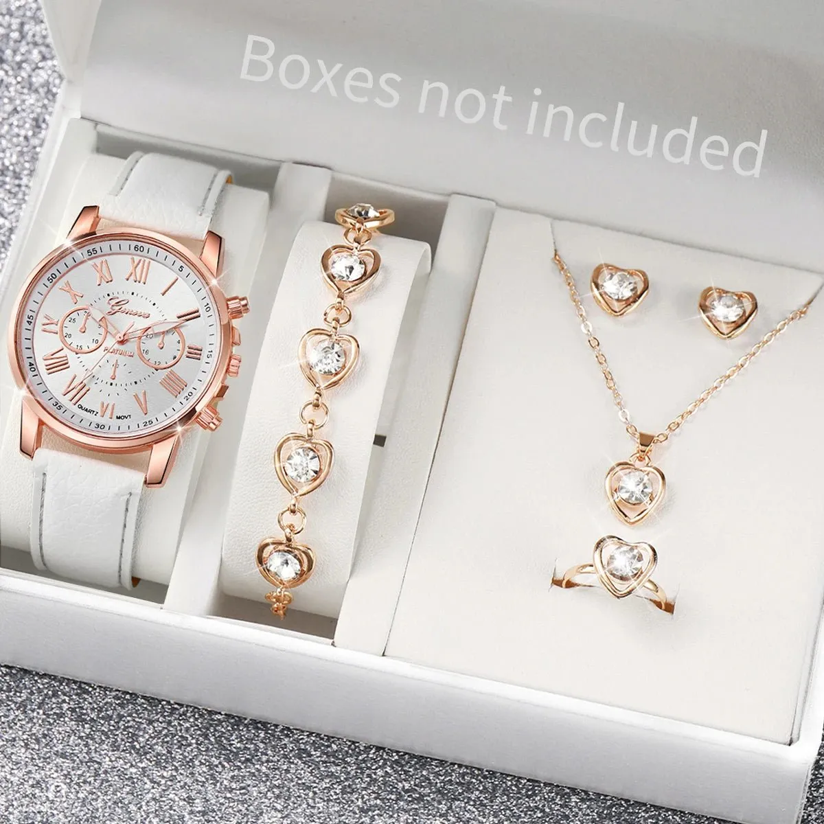Jewelry Set Women's Quartz Watch Leather Band, Roman Numeral