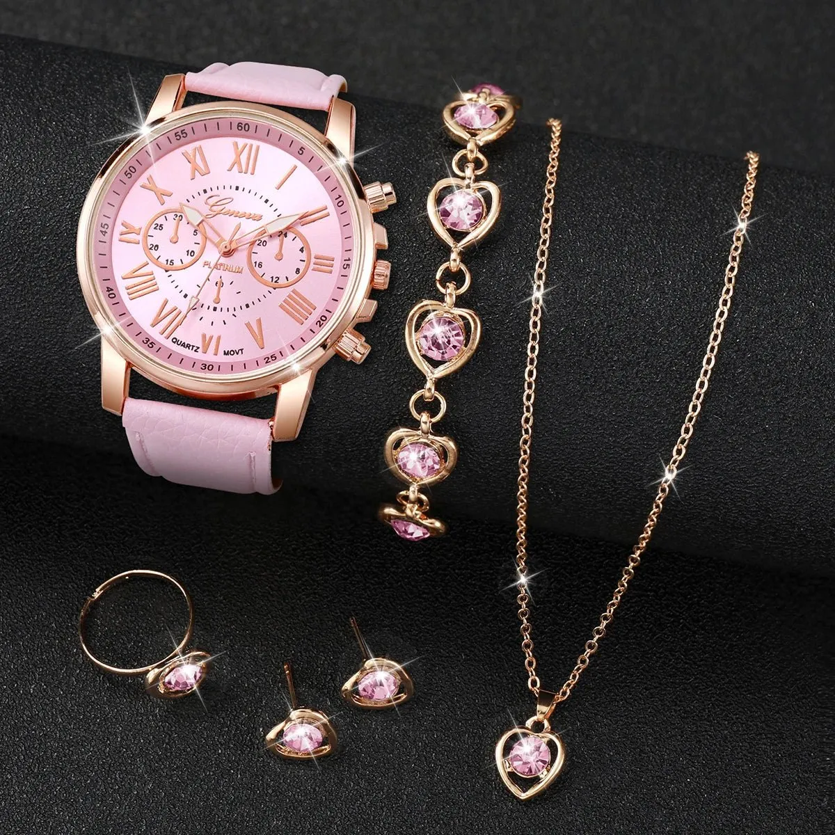 Jewelry Set Women's Quartz Watch Leather Band, Roman Numeral