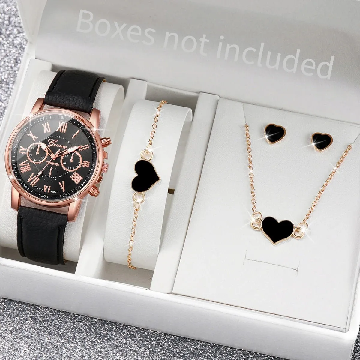 Jewelry Set Women's Quartz Watch Leather Band, Roman Numeral