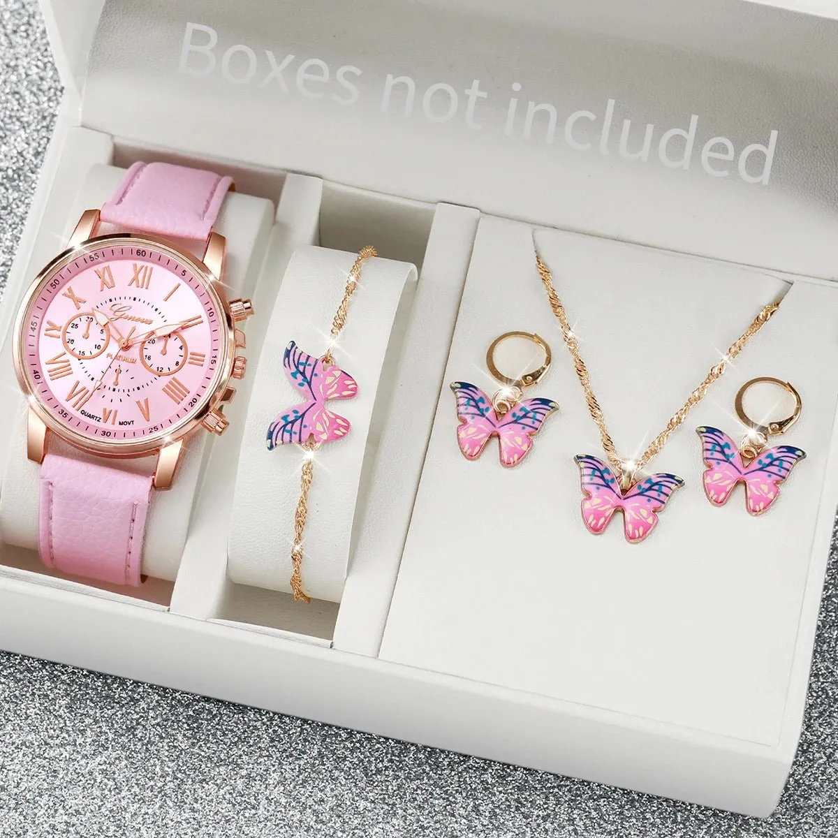 Jewelry Set Women's Quartz Watch Leather Band, Roman Numeral