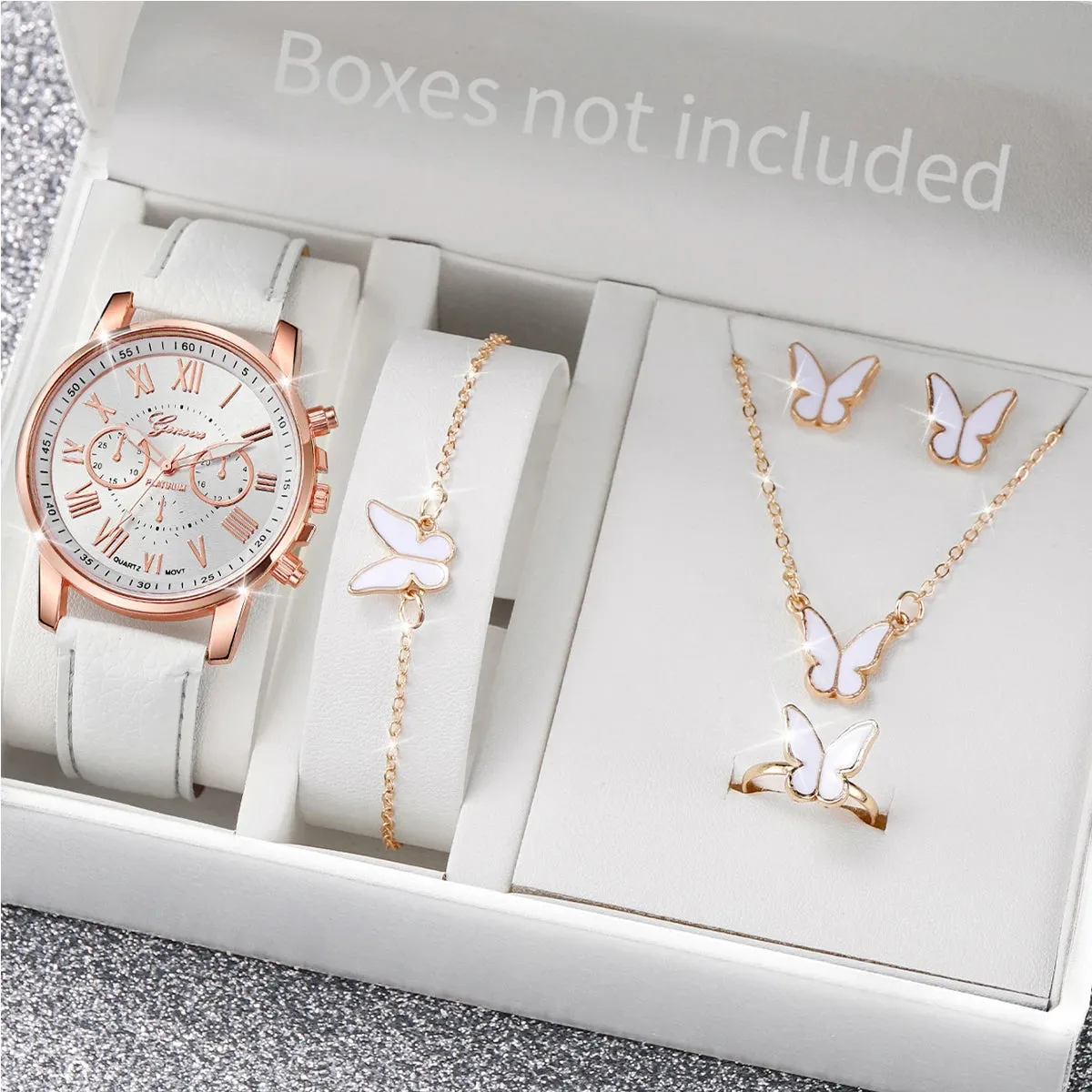 Jewelry Set Women's Quartz Watch Leather Band, Roman Numeral