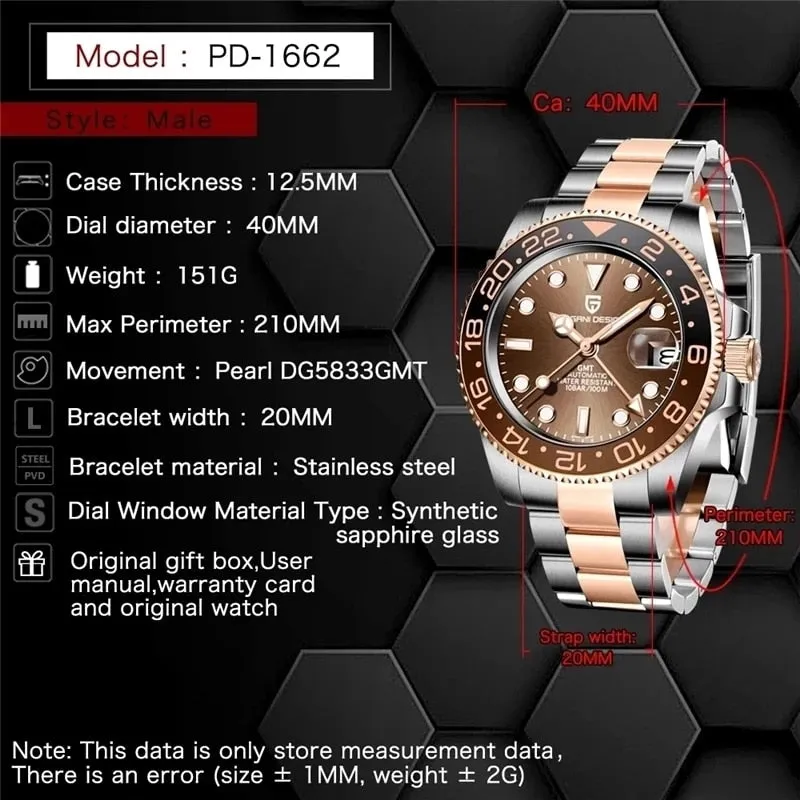 New PD-1662 Men's Watch GMT40mm Mechanical Watch, Sports, Waterproof. Dr