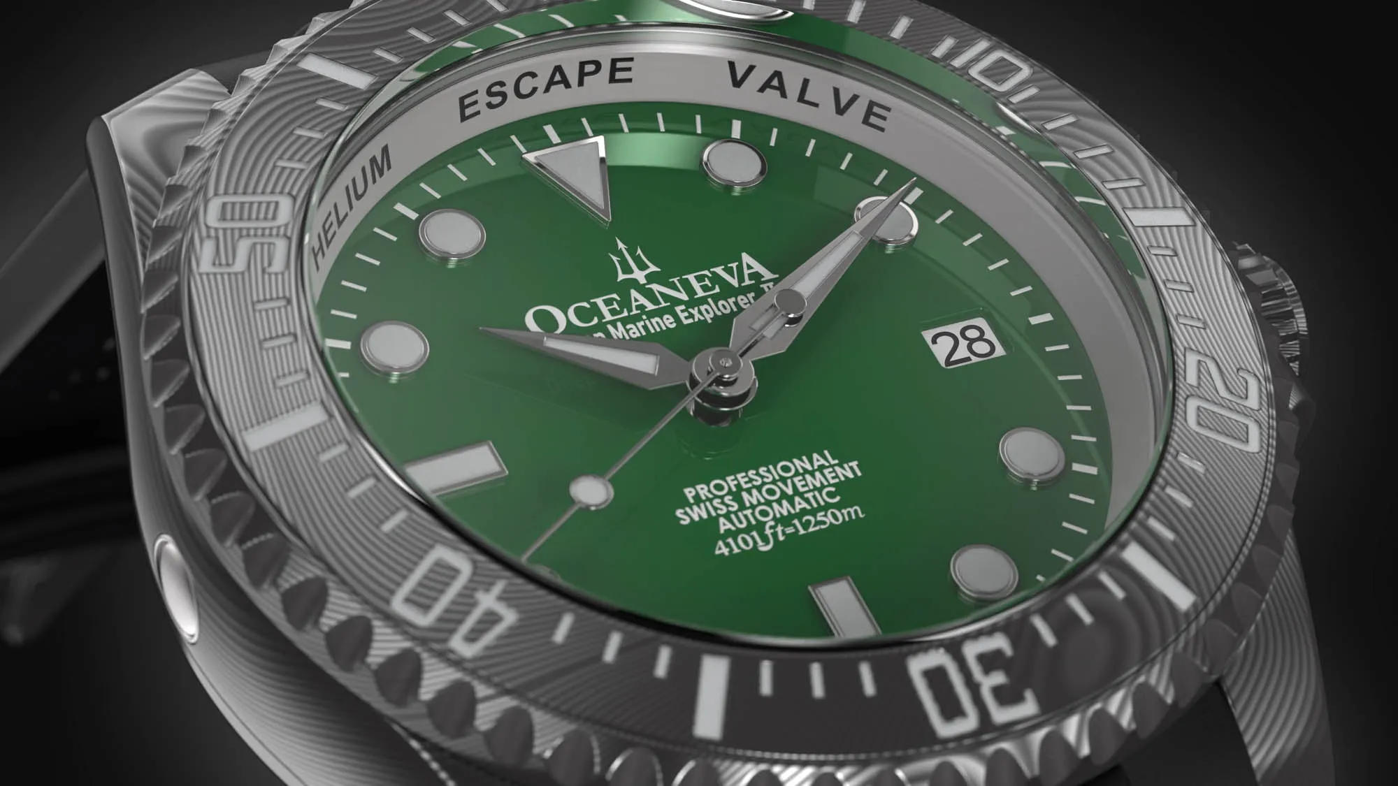 Oceaneva Mens Deep Marine Explorer II Damascus Steel Watch Green Dial