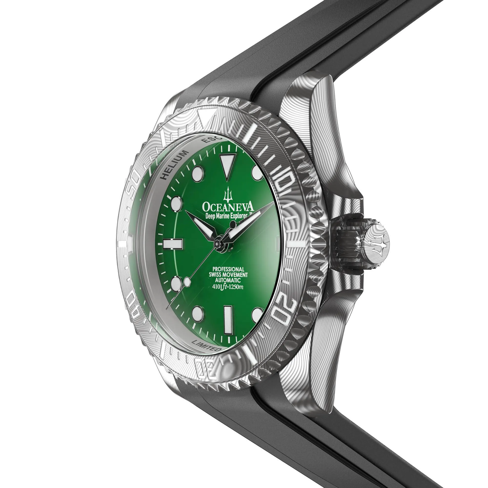 Oceaneva Mens Deep Marine Explorer II Damascus Steel Watch Green Dial