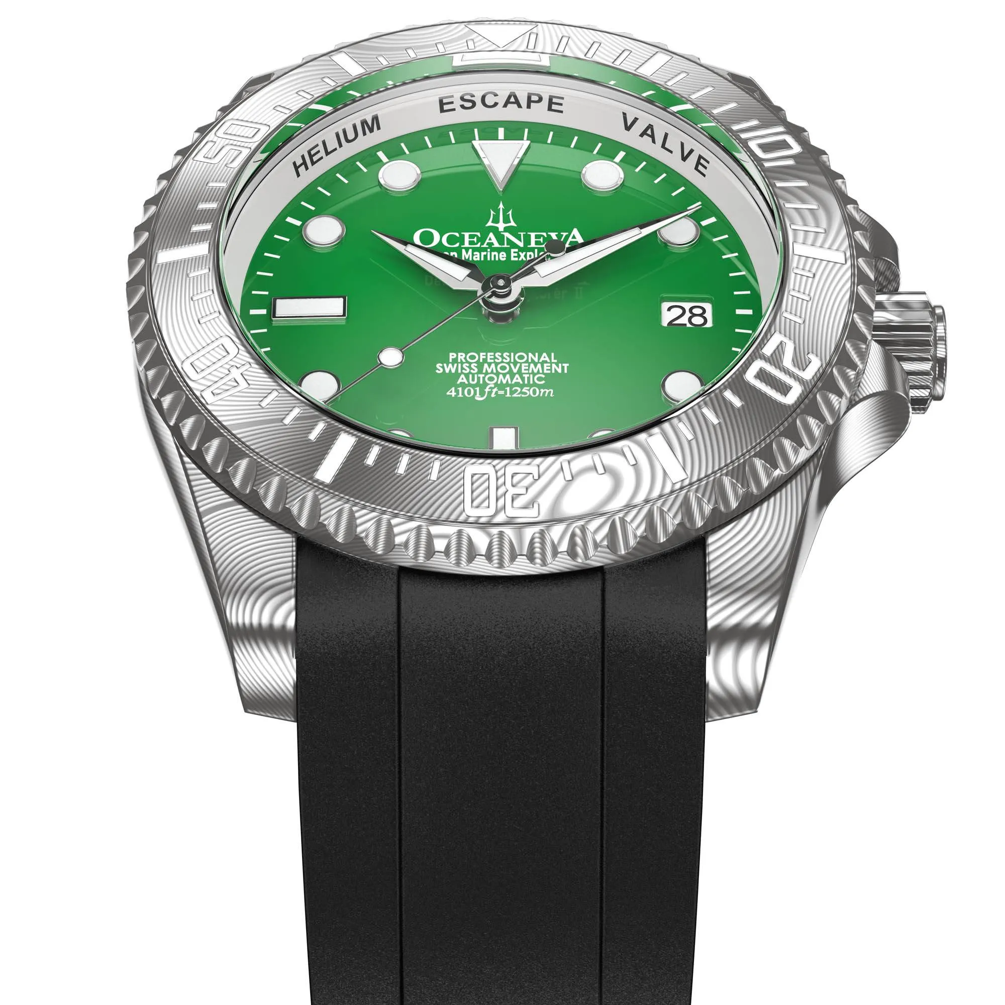 Oceaneva Mens Deep Marine Explorer II Damascus Steel Watch Green Dial