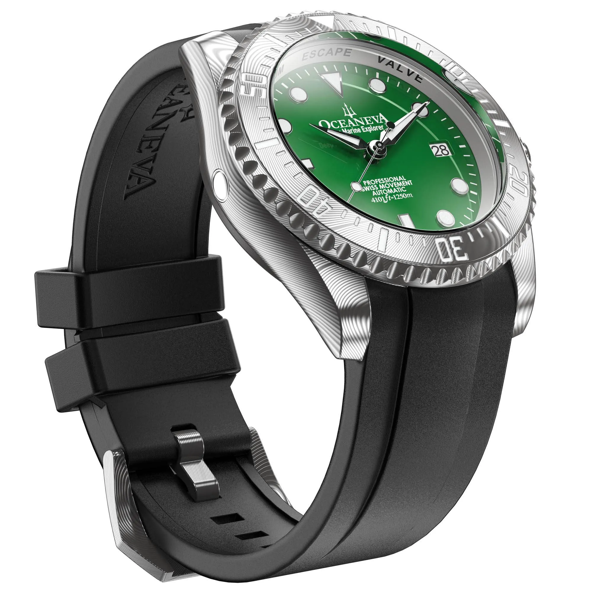 Oceaneva Mens Deep Marine Explorer II Damascus Steel Watch Green Dial