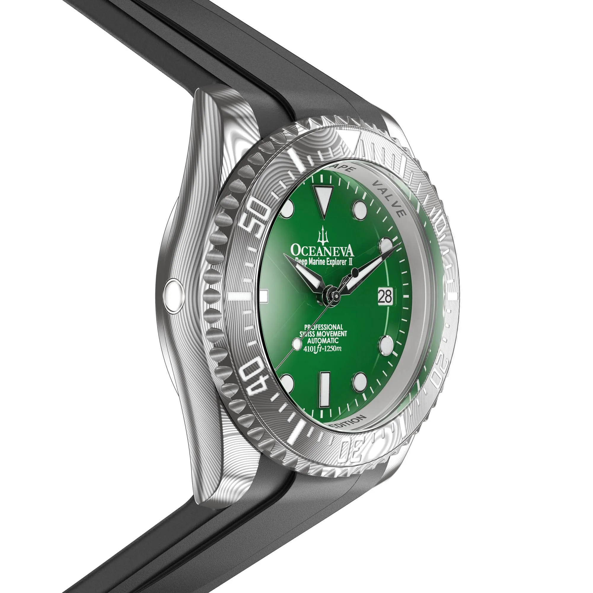 Oceaneva Mens Deep Marine Explorer II Damascus Steel Watch Green Dial