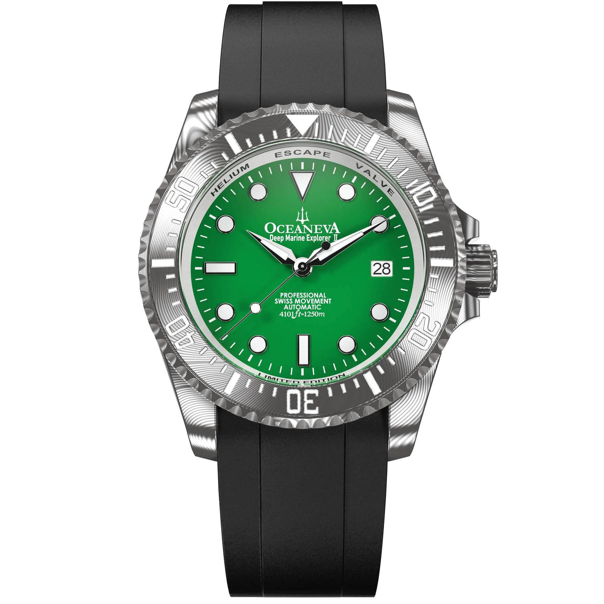 Oceaneva Mens Deep Marine Explorer II Damascus Steel Watch Green Dial