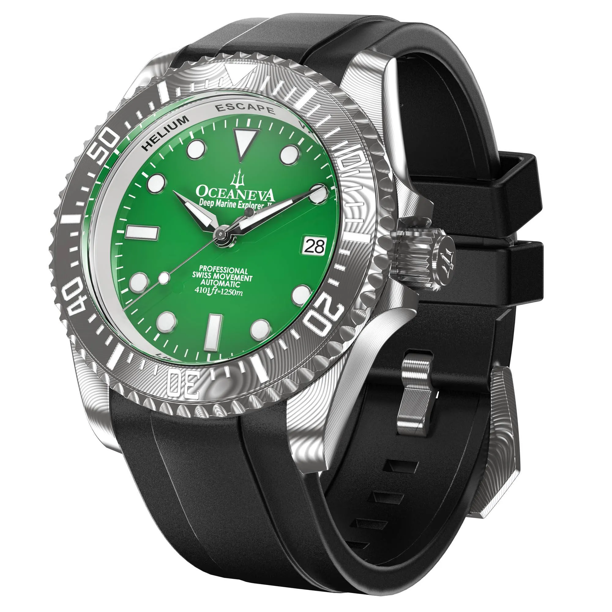 Oceaneva Mens Deep Marine Explorer II Damascus Steel Watch Green Dial