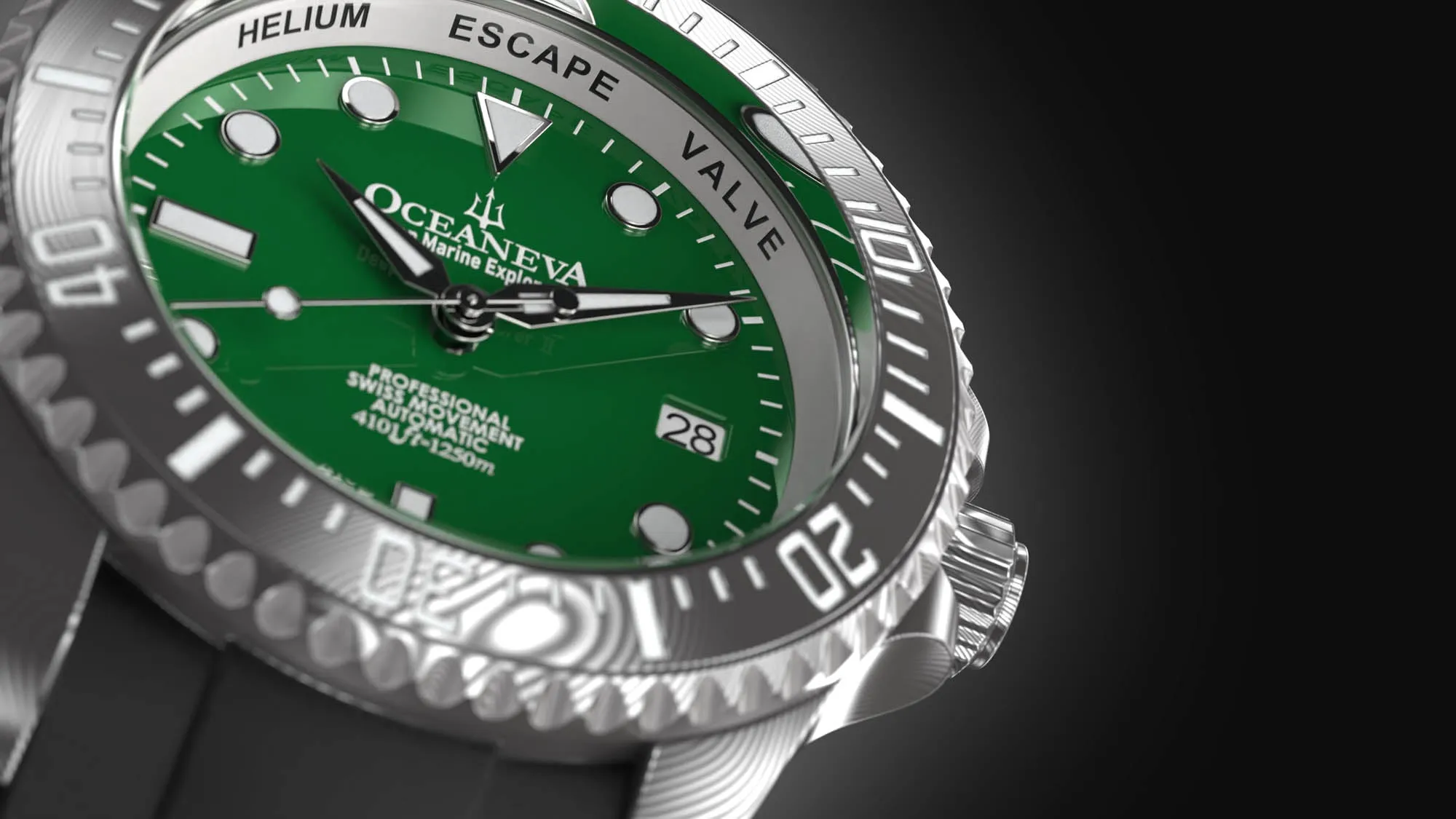 Oceaneva Mens Deep Marine Explorer II Damascus Steel Watch Green Dial