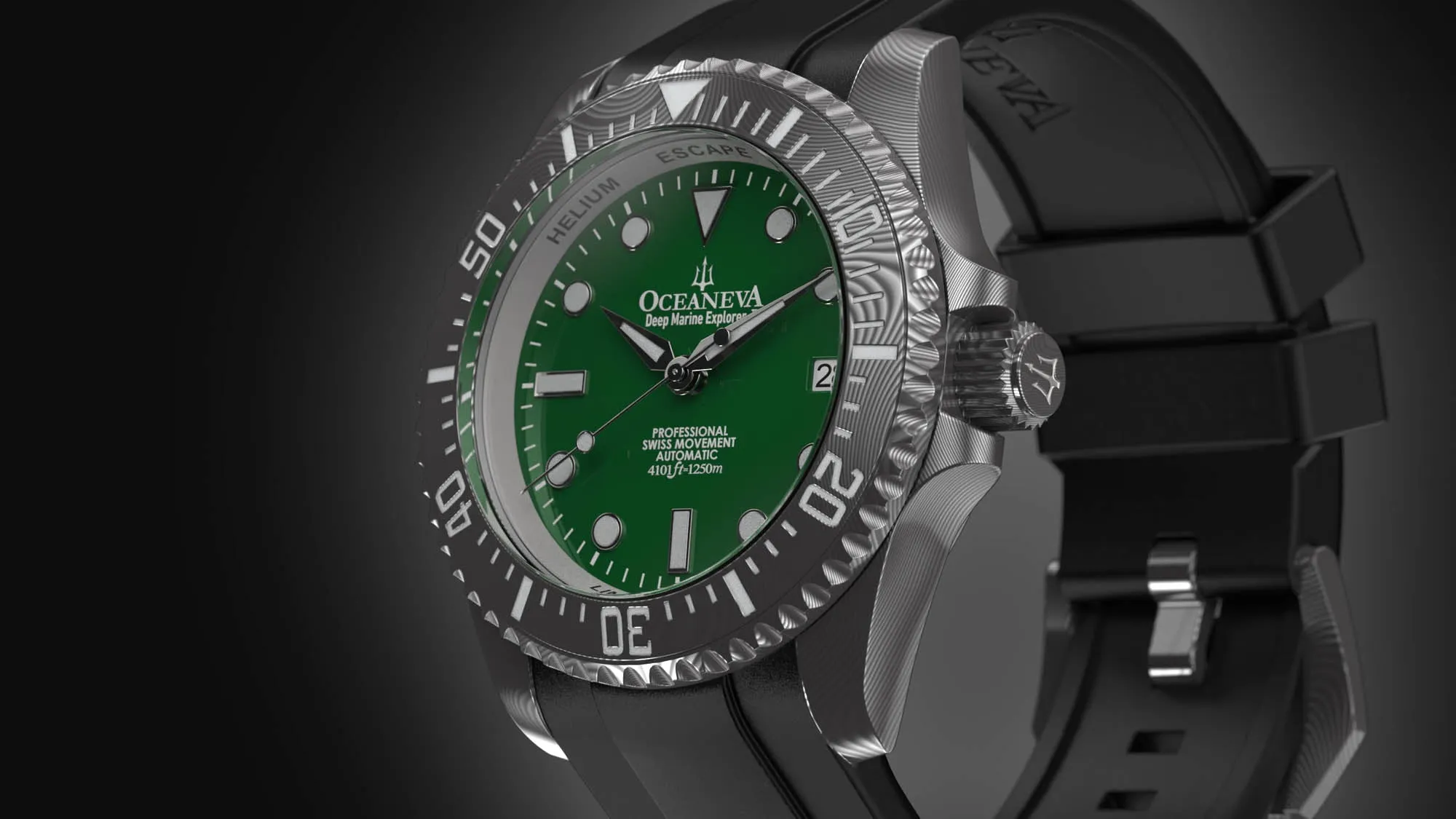 Oceaneva Mens Deep Marine Explorer II Damascus Steel Watch Green Dial