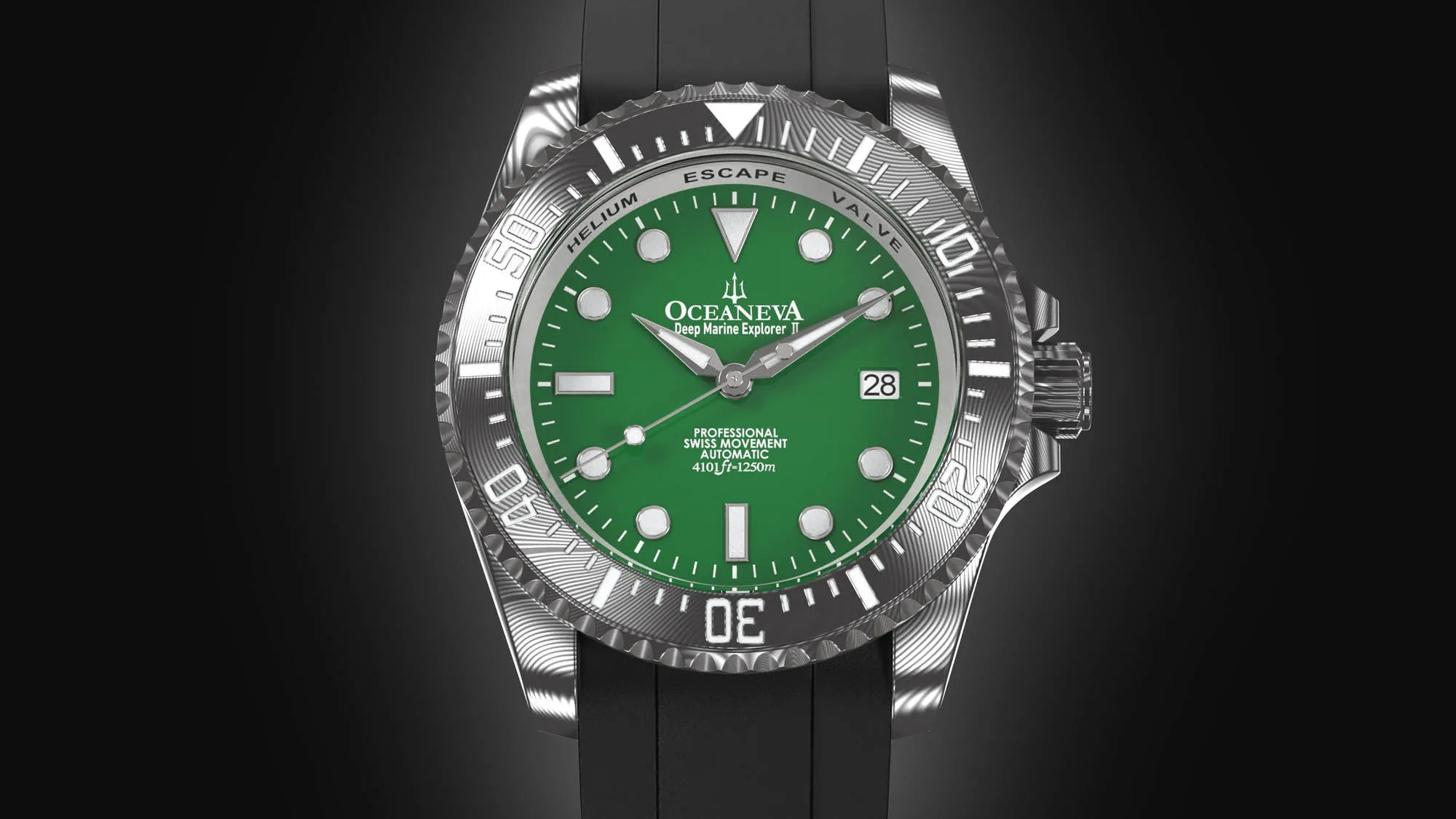 Oceaneva Mens Deep Marine Explorer II Damascus Steel Watch Green Dial