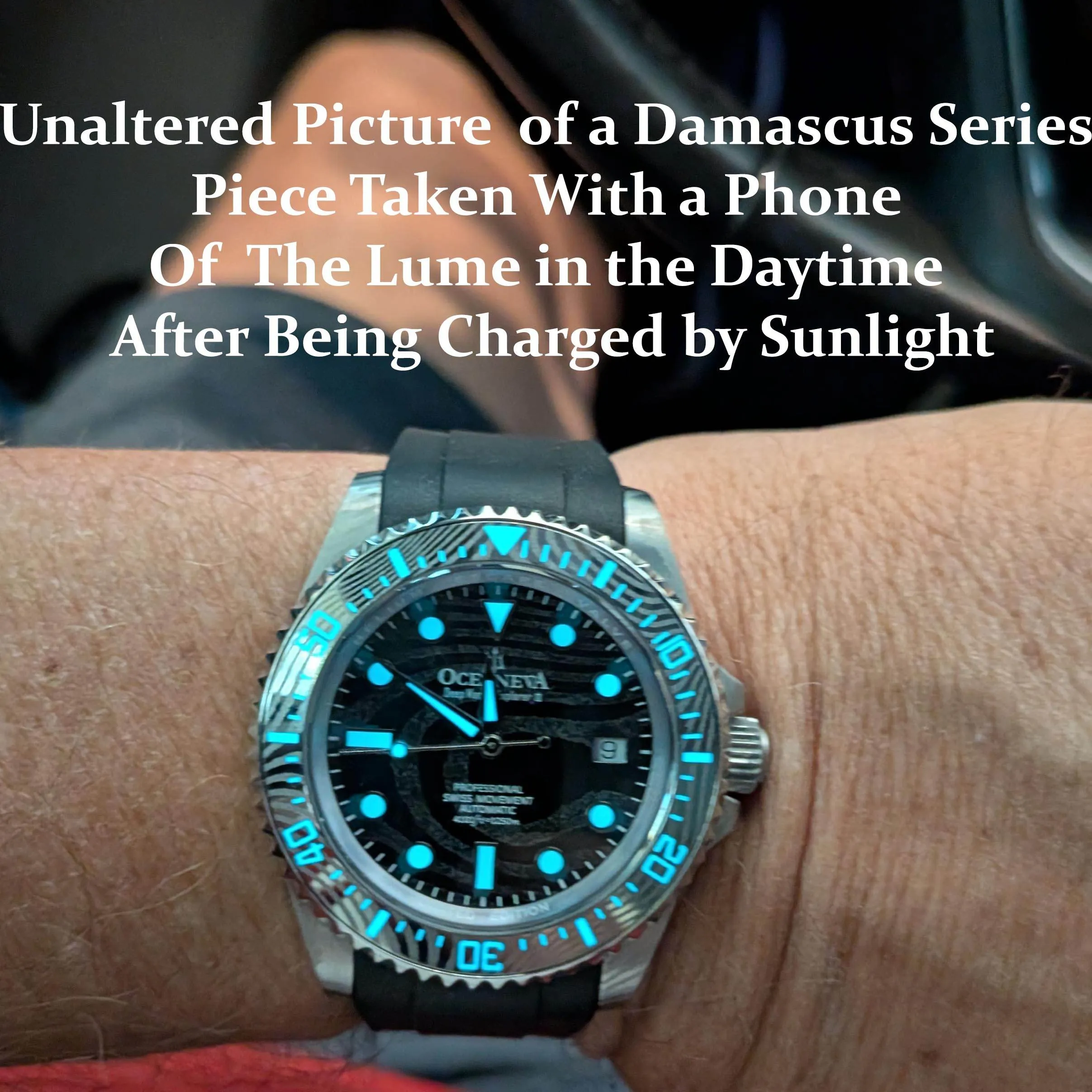Oceaneva Mens Deep Marine Explorer II Damascus Steel Watch Green Dial