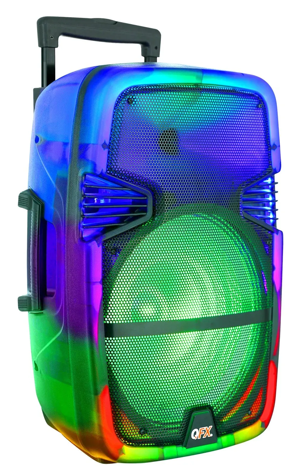 QFX TMS-1560 15 Portable Bluetooth Rechargable Party Speaker with Translucent Motion Party Lights and Remote