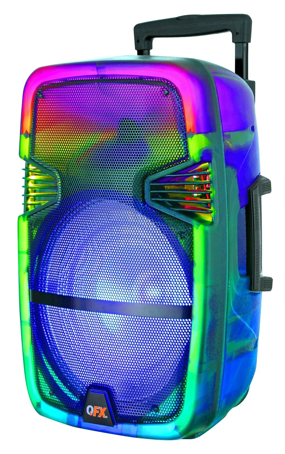 QFX TMS-1560 15 Portable Bluetooth Rechargable Party Speaker with Translucent Motion Party Lights and Remote