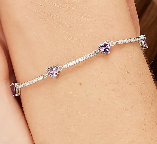 Sterling Silver Semi-Stiff Bracelet Heart Shapes with Clear CZ and Amethyst CZ by Brosway