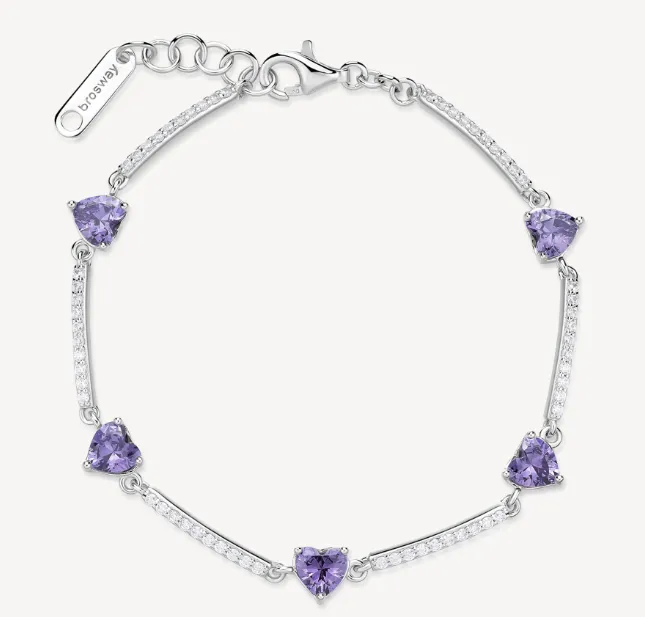 Sterling Silver Semi-Stiff Bracelet Heart Shapes with Clear CZ and Amethyst CZ by Brosway