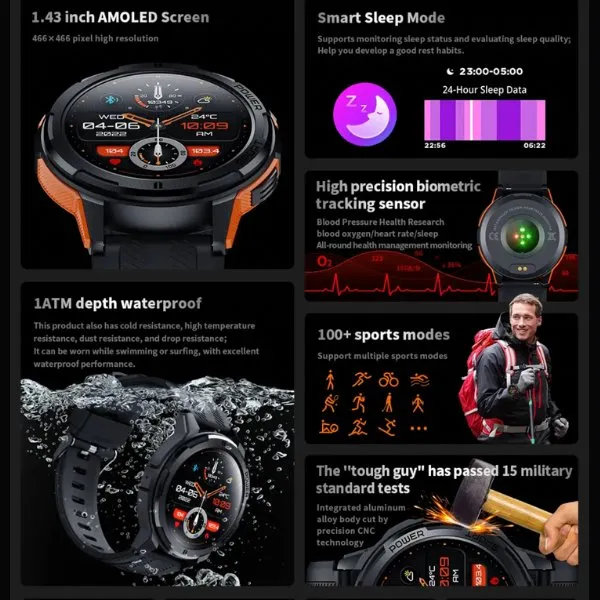 TUTT C25 Military Rugged AMOLED screen 1.43” Smart Watch 1 ATM 10 Meter Depth | Cold & Hot Temperature Dust & Drop Resistance 410mah Long Battery Life Health and Fitness Smartwatch