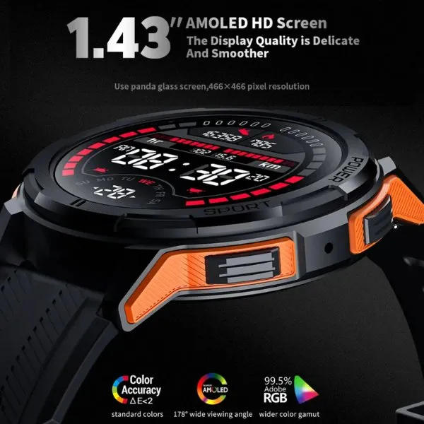 TUTT C25 Military Rugged AMOLED screen 1.43” Smart Watch 1 ATM 10 Meter Depth | Cold & Hot Temperature Dust & Drop Resistance 410mah Long Battery Life Health and Fitness Smartwatch